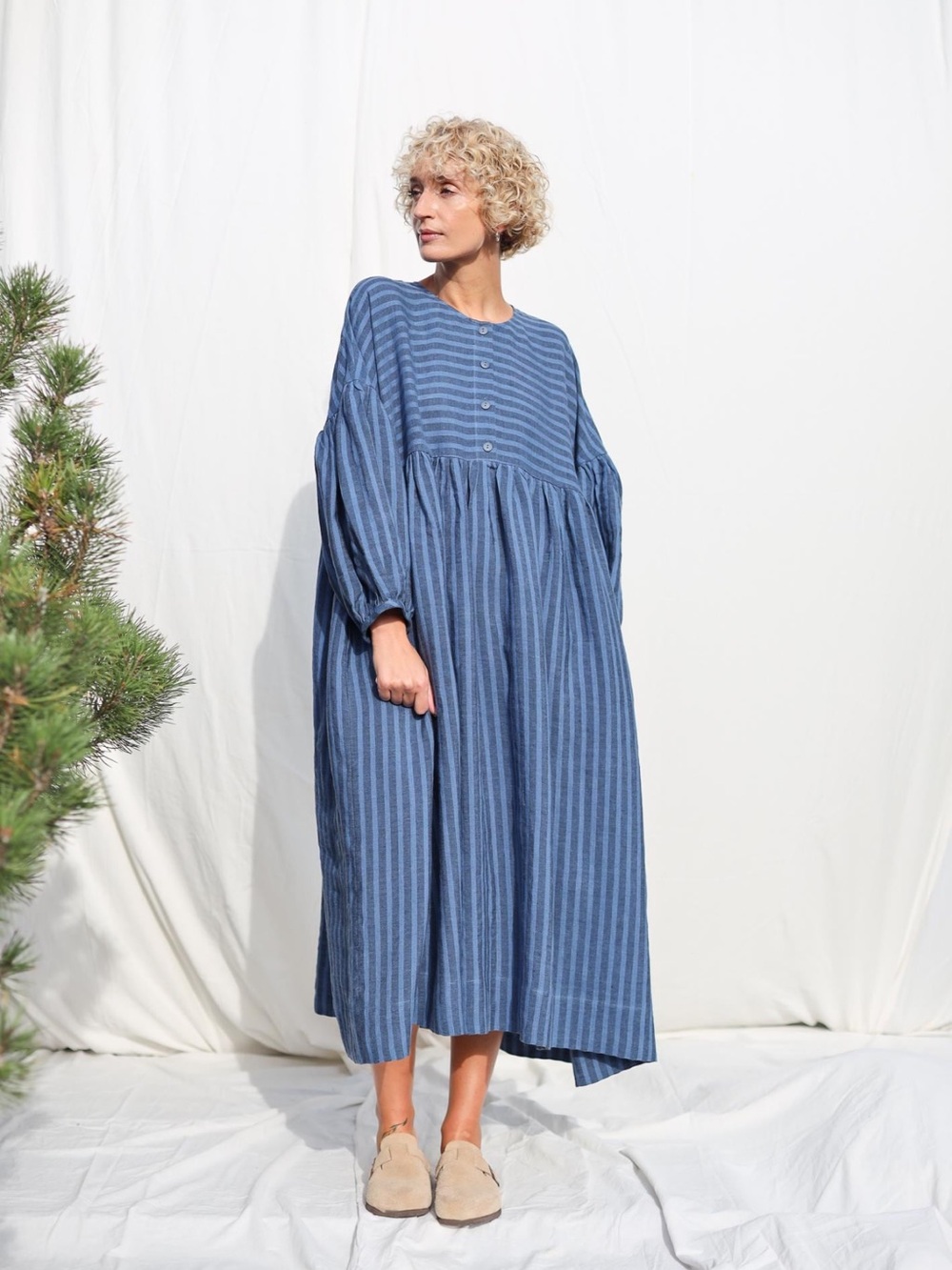 Women's Blue Striped Maxi Dress with Button Bodice